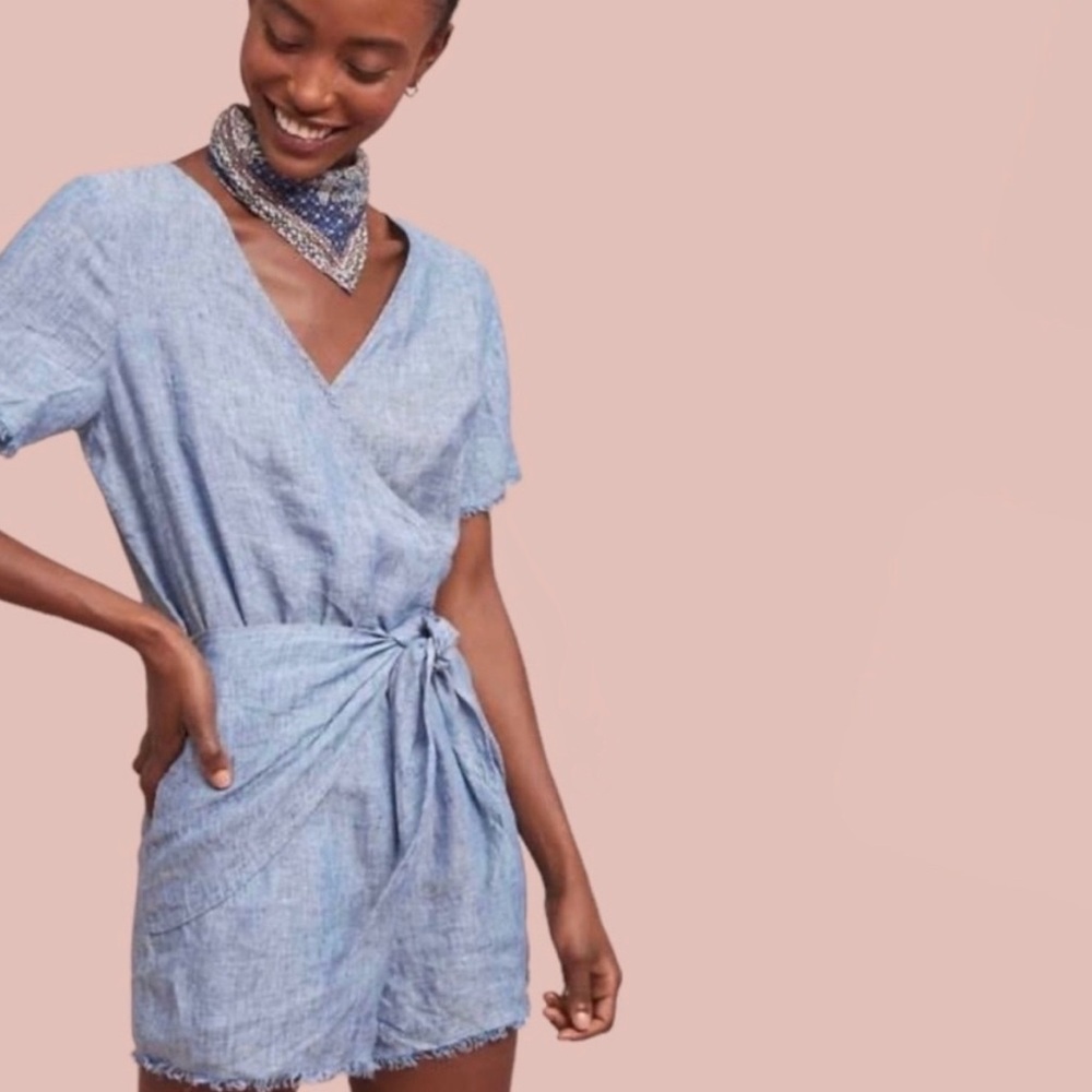 Anthropologie x Sanctuary Montana Linen Romper Faux Wrap Tie-Front Size XS Blue